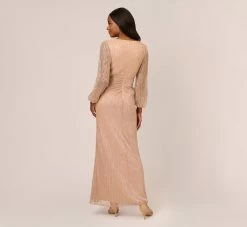 Adrianna Papell Metallic Crinkled Mesh Draped Long Gown In Light Gold 9 Adrianna Papell Metallic Crinkled Mesh Draped Long Gown In Light Gold -Adrianna Papell Shop AP1E210265 AA267 Regular Back