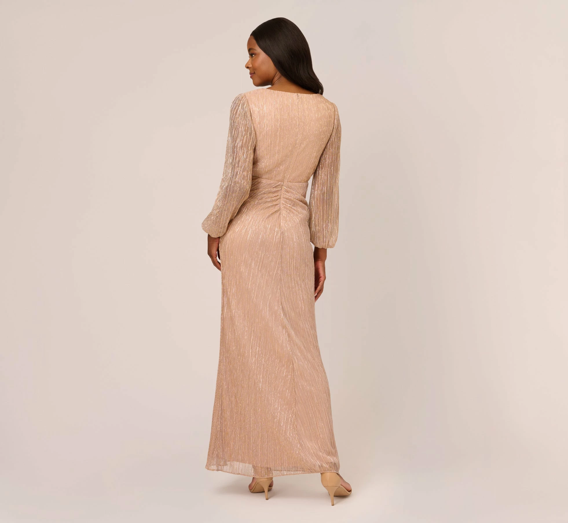 Adrianna Papell Metallic Crinkled Mesh Draped Long Gown In Light Gold 4 Adrianna Papell Metallic Crinkled Mesh Draped Long Gown In Light Gold - Image 4