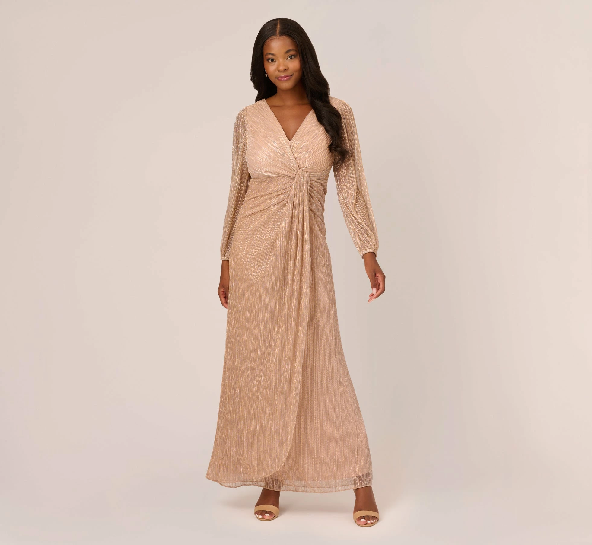 Adrianna Papell Metallic Crinkled Mesh Draped Long Gown In Light Gold 1 Adrianna Papell Metallic Crinkled Mesh Draped Long Gown In Light Gold