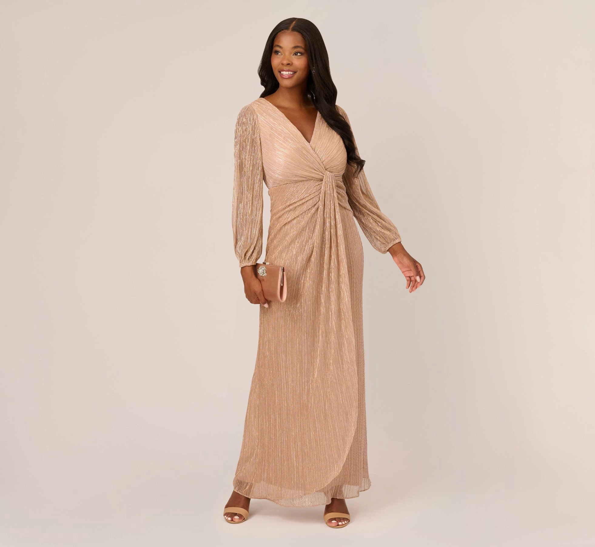 Adrianna Papell Metallic Crinkled Mesh Draped Long Gown In Light Gold 2 Adrianna Papell Metallic Crinkled Mesh Draped Long Gown In Light Gold - Image 2