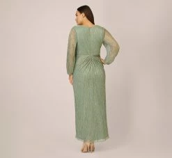 Adrianna Papell Plus Size Metallic Crinkled Mesh Draped Long Gown In Green Slate -Adrianna Papell Shop AP1E210265 AA355 Plus Back
