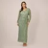 Adrianna Papell Plus Size Metallic Crinkled Mesh Draped Long Gown In Green Slate