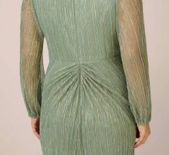 Adrianna Papell Plus Size Metallic Crinkled Mesh Draped Long Gown In Green Slate -Adrianna Papell Shop AP1E210265 AA355 Plus Lifestyle