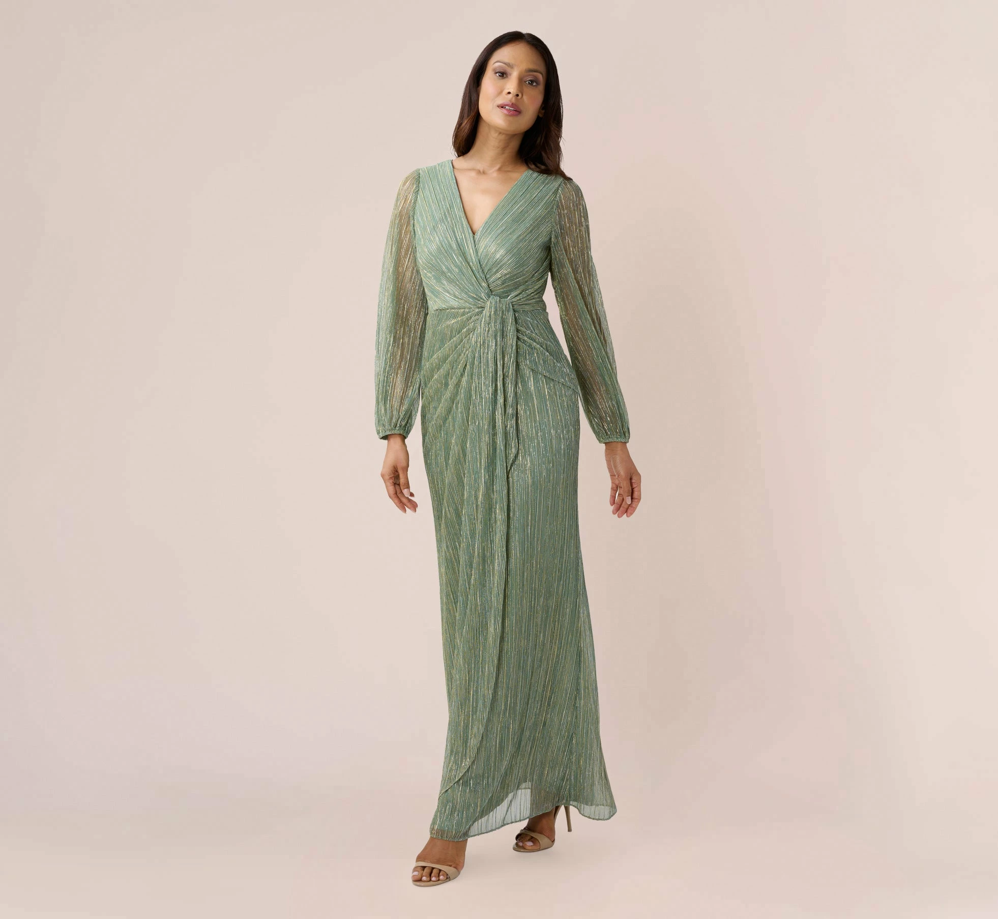 Adrianna Papell Metallic Crinkled Mesh Draped Long Gown In Green Slate 2 Adrianna Papell Metallic Crinkled Mesh Draped Long Gown In Green Slate - Image 2