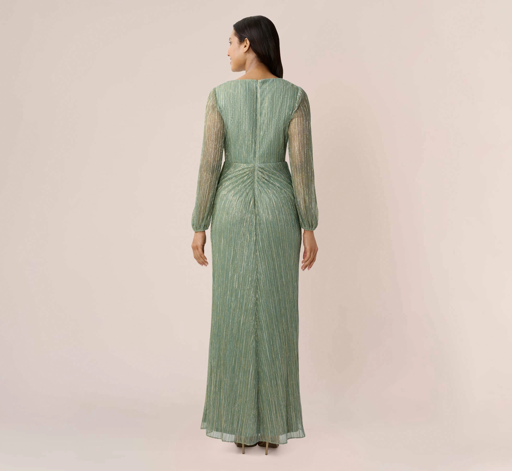 Adrianna Papell Metallic Crinkled Mesh Draped Long Gown In Green Slate 4 Adrianna Papell Metallic Crinkled Mesh Draped Long Gown In Green Slate - Image 4