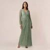 Adrianna Papell Metallic Crinkled Mesh Draped Long Gown In Green Slate