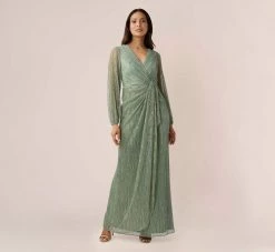 Adrianna Papell Metallic Crinkled Mesh Draped Long Gown In Green Slate