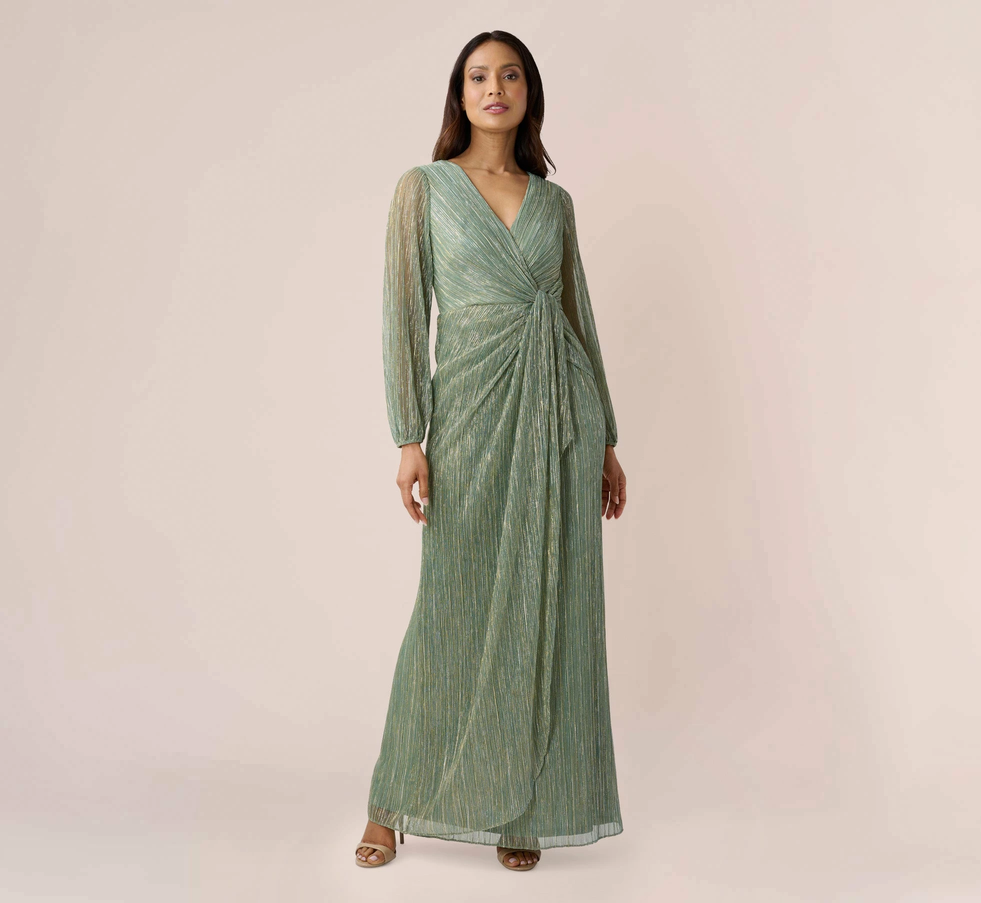 Adrianna Papell Metallic Crinkled Mesh Draped Long Gown In Green Slate 1 Adrianna Papell Metallic Crinkled Mesh Draped Long Gown In Green Slate