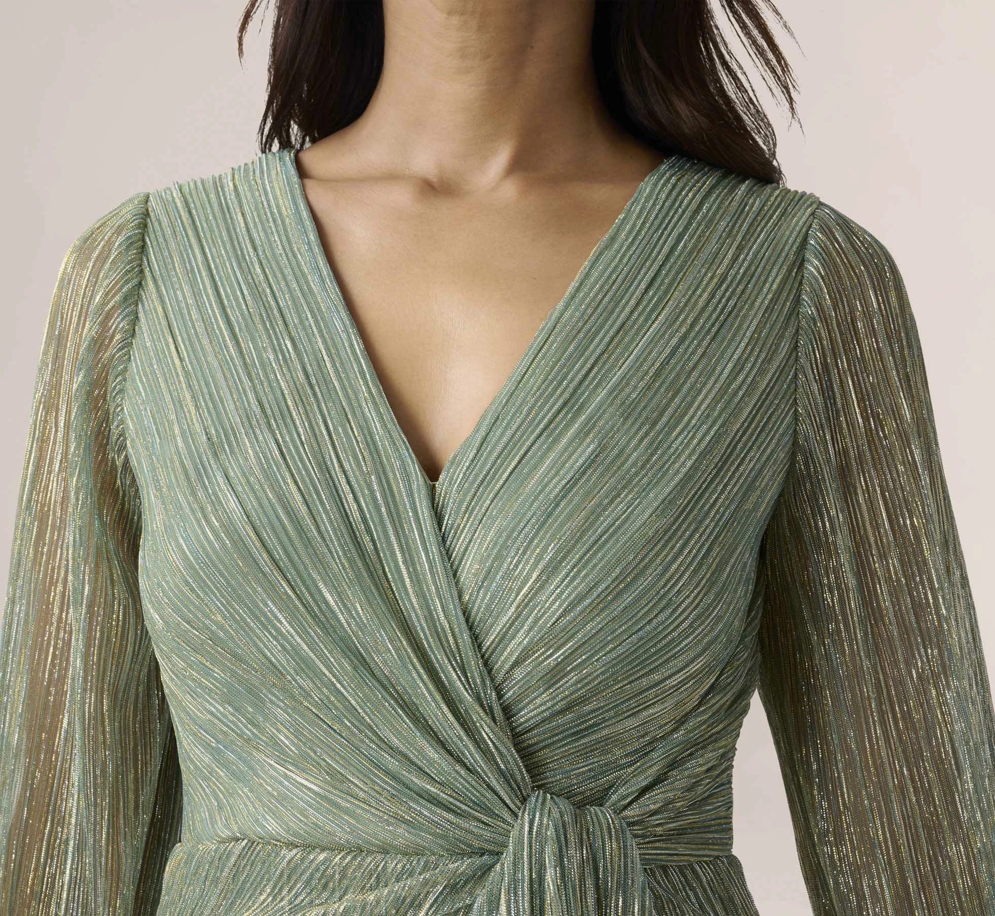Adrianna Papell Metallic Crinkled Mesh Draped Long Gown In Green Slate 3 Adrianna Papell Metallic Crinkled Mesh Draped Long Gown In Green Slate - Image 3