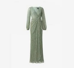 Adrianna Papell Metallic Crinkled Mesh Draped Long Gown In Green Slate 9 Adrianna Papell Metallic Crinkled Mesh Draped Long Gown In Green Slate -Adrianna Papell Shop AP1E210265 AA355 Regular Flat