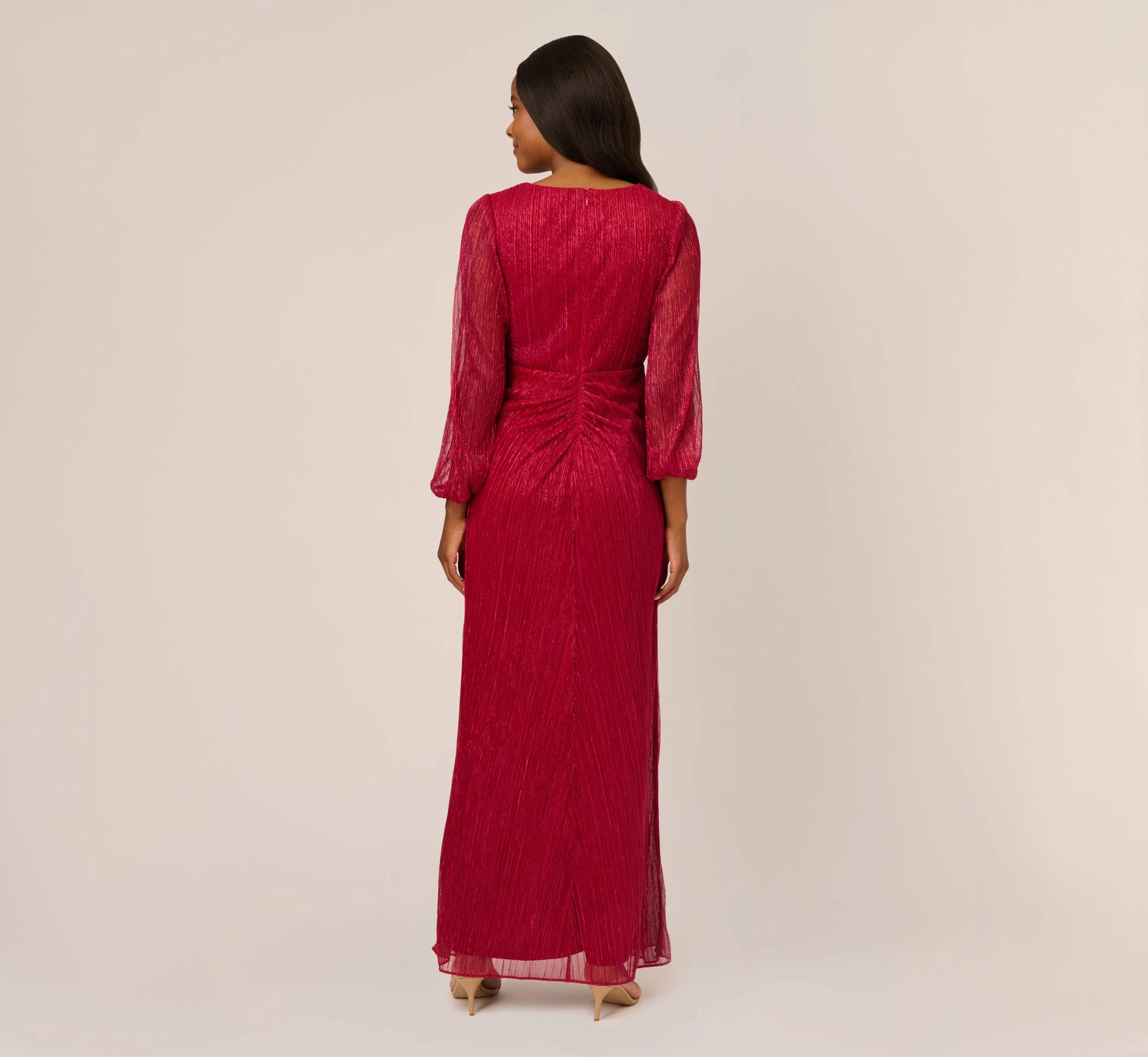 Adrianna Papell Metallic Crinkled Mesh Draped Long Gown In Scarlet 4 Adrianna Papell Metallic Crinkled Mesh Draped Long Gown In Scarlet - Image 4