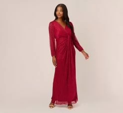 Adrianna Papell Metallic Crinkled Mesh Draped Long Gown In Scarlet