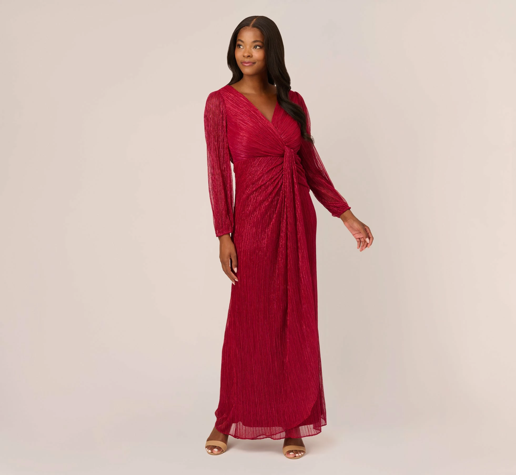 Adrianna Papell Metallic Crinkled Mesh Draped Long Gown In Scarlet 1 Adrianna Papell Metallic Crinkled Mesh Draped Long Gown In Scarlet