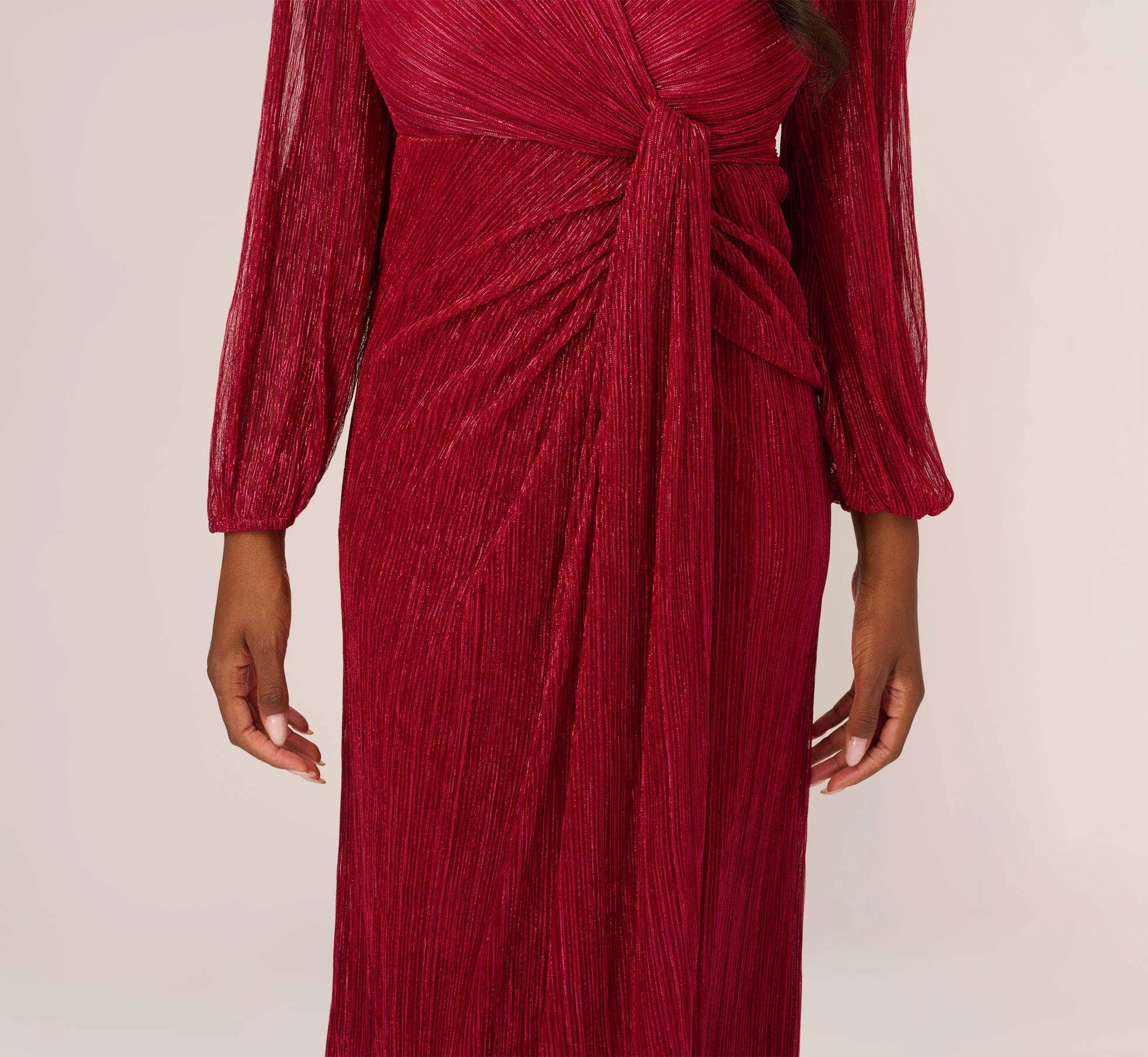 Adrianna Papell Metallic Crinkled Mesh Draped Long Gown In Scarlet 5 Adrianna Papell Metallic Crinkled Mesh Draped Long Gown In Scarlet - Image 5