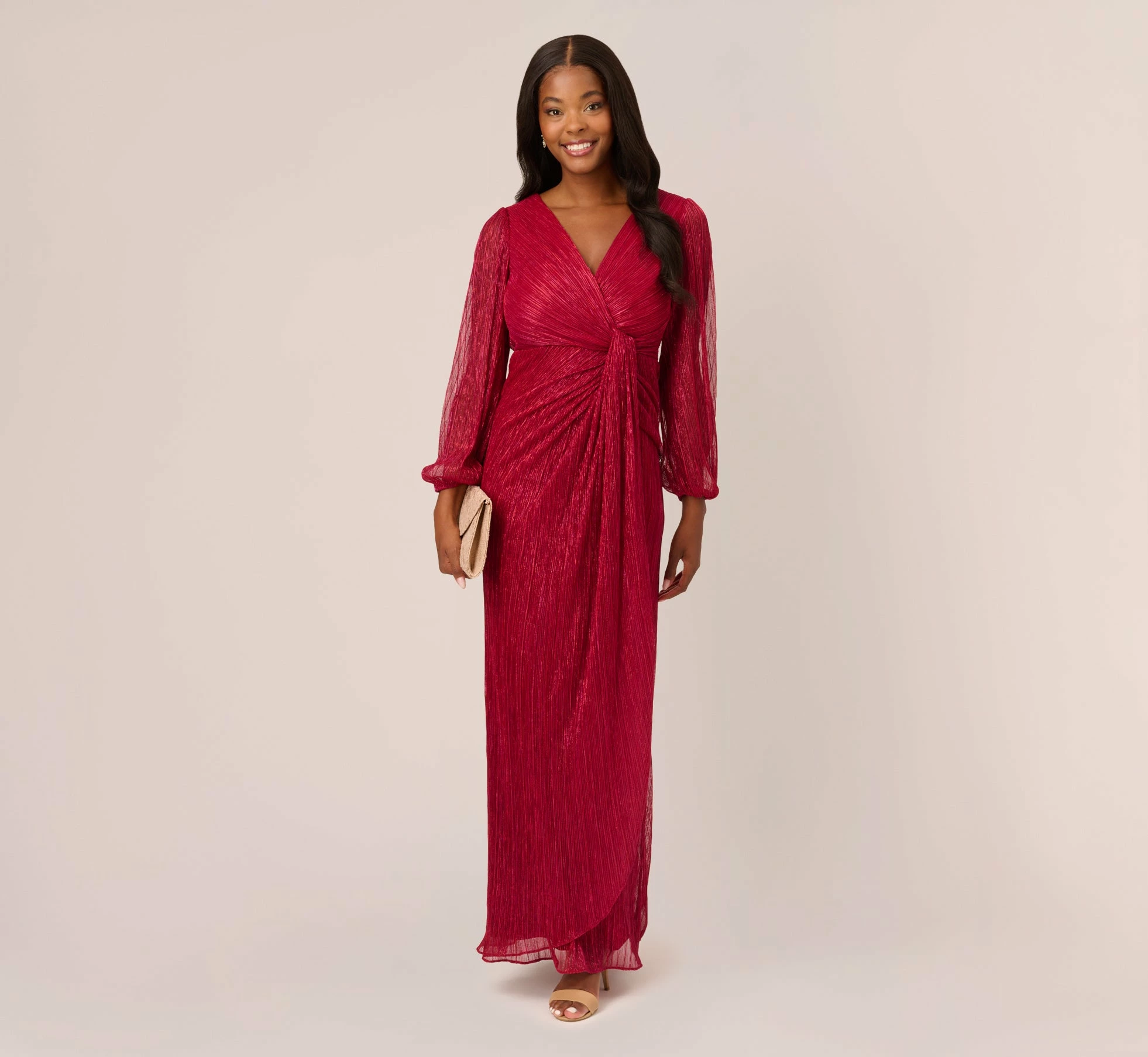 Adrianna Papell Metallic Crinkled Mesh Draped Long Gown In Scarlet 2 Adrianna Papell Metallic Crinkled Mesh Draped Long Gown In Scarlet - Image 2