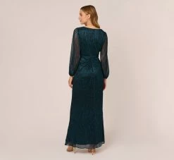 Adrianna Papell Metallic Crinkled Mesh Draped Long Gown In Teal Sapphire -Adrianna Papell Shop AP1E210265 AL473 Regular Back