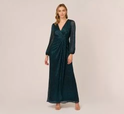 Adrianna Papell Metallic Crinkled Mesh Draped Long Gown In Teal Sapphire