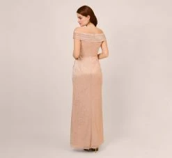 Adrianna Papell Metallic Rose Motif Off-The-Shoulder Long Gown In Rose Gold -Adrianna Papell Shop AP1E210267 AI298 Regular Back