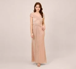 Adrianna Papell Metallic Rose Motif Off-The-Shoulder Long Gown In Rose Gold