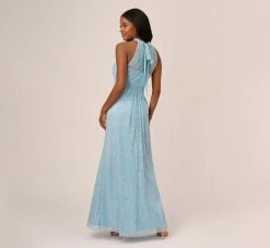 Adrianna Papell Floral Metallic Stencil Long Halter Gown In Light Blue 9 Adrianna Papell Floral Metallic Stencil Long Halter Gown In Light Blue -Adrianna Papell Shop AP1E210280 AA486 Regular Back