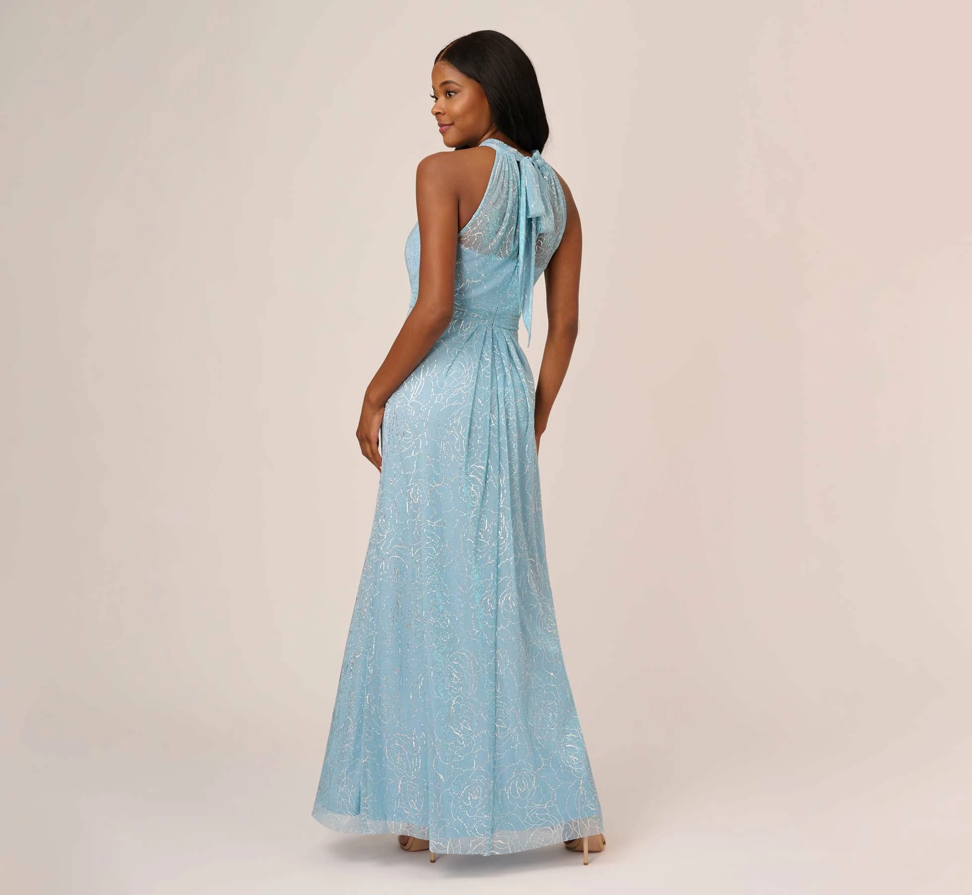 Adrianna Papell Floral Metallic Stencil Long Halter Gown In Light Blue 4 Adrianna Papell Floral Metallic Stencil Long Halter Gown In Light Blue - Image 4