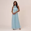 Adrianna Papell Floral Metallic Stencil Long Halter Gown In Light Blue