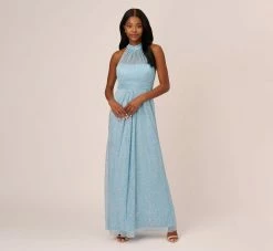 Adrianna Papell Floral Metallic Stencil Long Halter Gown In Light Blue