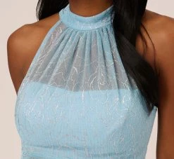 Adrianna Papell Floral Metallic Stencil Long Halter Gown In Light Blue 10 Adrianna Papell Floral Metallic Stencil Long Halter Gown In Light Blue -Adrianna Papell Shop AP1E210280 AA486 Regular Detail
