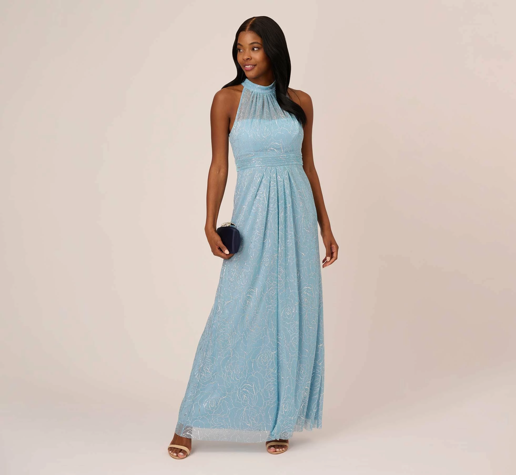 Adrianna Papell Floral Metallic Stencil Long Halter Gown In Light Blue 2 Adrianna Papell Floral Metallic Stencil Long Halter Gown In Light Blue - Image 2