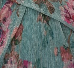 Adrianna Papell Floral Print Off The Shoulder Metallic Crinkled Mesh Long Gown In Aqua Multi -Adrianna Papell Shop AP1E210282 BZ980 Regular Alternate
