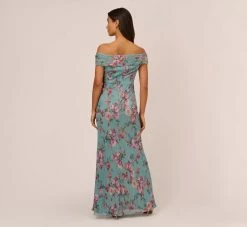 Adrianna Papell Floral Print Off The Shoulder Metallic Crinkled Mesh Long Gown In Aqua Multi -Adrianna Papell Shop AP1E210282 BZ980 Regular Back