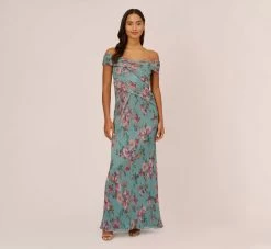 Adrianna Papell Floral Print Off The Shoulder Metallic Crinkled Mesh Long Gown In Aqua Multi