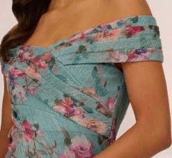 Adrianna Papell Floral Print Off The Shoulder Metallic Crinkled Mesh Long Gown In Aqua Multi -Adrianna Papell Shop AP1E210282 BZ980 Regular Detail