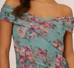 Adrianna Papell Floral Print Off The Shoulder Metallic Crinkled Mesh Long Gown In Aqua Multi -Adrianna Papell Shop AP1E210282 BZ980 Regular Lifestyle
