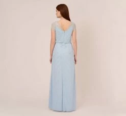 Adrianna Papell Hand-Beaded Illusion Long Blouson Gown In Elegant Sky -Adrianna Papell Shop AP1E210284 AC497 Regular Back