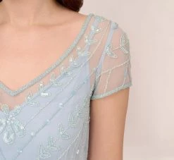 Adrianna Papell Hand-Beaded Illusion Long Blouson Gown In Elegant Sky -Adrianna Papell Shop AP1E210284 AC497 Regular Lifestyle