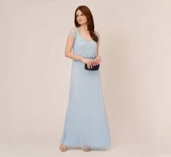 Adrianna Papell Hand-Beaded Illusion Long Blouson Gown In Elegant Sky