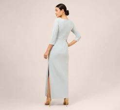 Adrianna Papell Metallic Knit Tie-Front Long Column Gown In Skyway -Adrianna Papell Shop AP1E210307 AC459 Regular Back