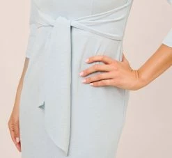 Adrianna Papell Metallic Knit Tie-Front Long Column Gown In Skyway -Adrianna Papell Shop AP1E210307 AC459 Regular Side