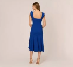 Adrianna Papell Ruffled Satin Crepe Midi-Length High/Low Cocktail Mermaid Dress In Violet Cobalt -Adrianna Papell Shop AP1E210309 BA401 Regular Back