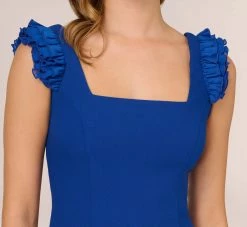 Adrianna Papell Ruffled Satin Crepe Midi-Length High/Low Cocktail Mermaid Dress In Violet Cobalt -Adrianna Papell Shop AP1E210309 BA401 Regular Detail