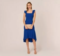 Adrianna Papell Ruffled Satin Crepe Midi-Length High/Low Cocktail Mermaid Dress In Violet Cobalt -Adrianna Papell Shop AP1E210309 BA401 Regular Side