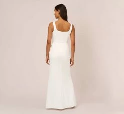 Adrianna Papell Satin Crepe Mermaid Gown With Tie Waist In Ivory 9 Adrianna Papell Satin Crepe Mermaid Gown With Tie Waist In Ivory -Adrianna Papell Shop AP1E210310 AA194 Regular Back