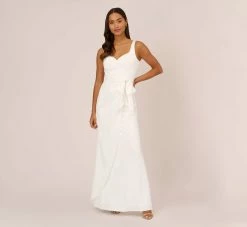 Adrianna Papell Satin Crepe Mermaid Gown With Tie Waist In Ivory