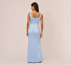 Adrianna Papell Satin Crepe Mermaid Gown With Tie Waist In Blue Breeze -Adrianna Papell Shop AP1E210310 AD497 Regular Back