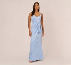 Adrianna Papell Satin Crepe Mermaid Gown With Tie Waist In Blue Breeze