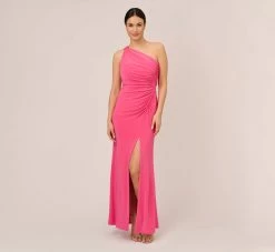 Adrianna Papell One Shoulder Draped Gown With Ring Detail In Pink Lotus