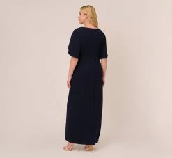 Adrianna Papell Plus Size Crepe Mermaid Gown With Pearl Trim Short Sleeves In Midnight -Adrianna Papell Shop AP1E210355 AB411 Plus Back