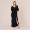 Adrianna Papell Plus Size Crepe Mermaid Gown With Pearl Trim Short Sleeves In Midnight