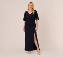 Adrianna Papell Plus Size Crepe Mermaid Gown With Pearl Trim Short Sleeves In Midnight